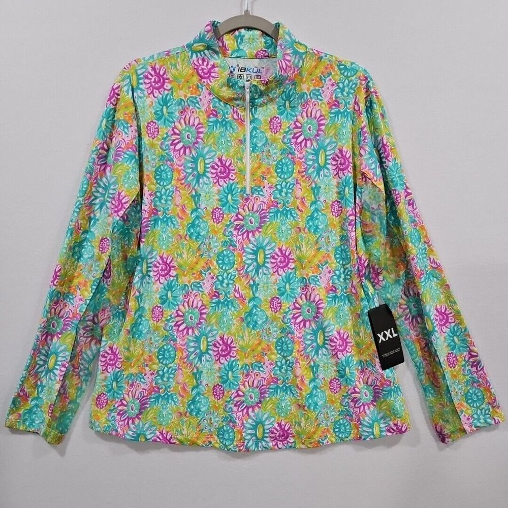 IBKUL Lilli Violet Womens 2XL Multi Floral‎ 1/4 Zip Long Sleeve Mock Golf Shirt